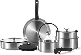 CAROTE12pcs Pots and Pans Set, Stainless Steel Kitchen Cookware Set Detachable Handle, Induction Cookware Sets with Removable Handle, RV Cookware Set, Oven Safe, Stainless Steel, Black, A08504