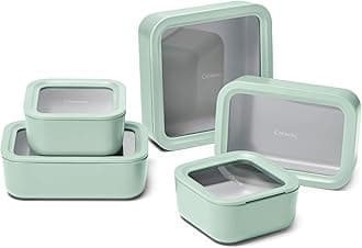 Glass Food Storage Set, 14 Pieces - Ceramic Coated Food Containers - Easy to Store, Non Toxic Lunch Box Containers with Glass Lids - Includes Storage Organizer & Dot & Dash Inserts - Mist