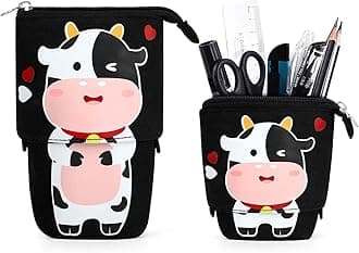 Cute Standing Pencil Case for Kids, Pop Up Pencil Box Makeup Pouch, Christmas Gift Kids Canvas Pen Holder Organizer Cosmetics Bag, Kawaii Stationary (Baby Cow)