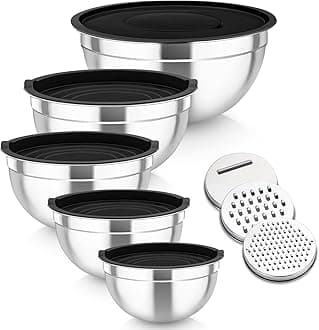 Homikit Mixing Bowls Set of 5, Stainless Steel Salad Bowls with Airtight Lids & 3 Grates, Metal Nesting Bowls for Mixing/Baking/Serving/Storing, Easy Clean - 0.7/1/1.5/2.6/4.6L (Black)
