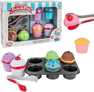 Popular Playthings Magnetic Bake & Play Cupcakes Toy Set, Pretend Cupcake Kitchen Kit for Kids, Gifts for Toddler Girls - 20 Pieces