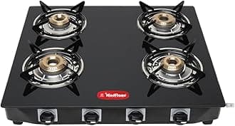 4 Burner Pixel Series Black Toughened Glass | LPG Cooktop I Manual Ignition | Ergonomic Knob | with 1 Year Warranty | Pan India Service | LP Gas Stove | ISI Approved (Black)