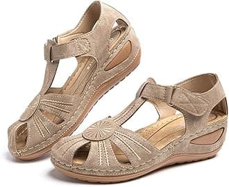 Hitmars Women Sandals Wedge Comfortable Ladies Strap Platform Vintage Closed Toe Soft Wide Fit Summer Sandal Slip on Black Brown Blue 3-9 UK