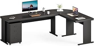 LITTLE TREE 82.67" Long Executive Desk Large L-Shaped Computer Office Desk with 3-Drawer Mobile File Cabinet, Industrial Business Furniture Desk Workstation for Home Office, Black