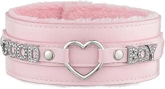 ADEMISHIA Pink Furry Heart O-ring Leather Choker Collar For Women, Handmade Punk Gothic Letter Necklace Adjustable Fashion Jewerly