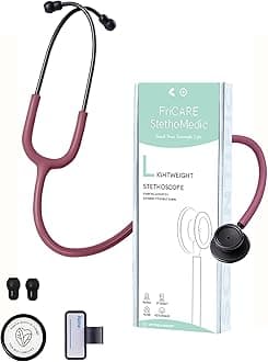FriCARE Dual Head Stethoscope - Stethoscopes for Nurses, Medical Nursing Students, Paramedics/EMT/LVN/VNA Backup Estetoscopio, Burgundy Tube, Matte Black Finish Chestpiece