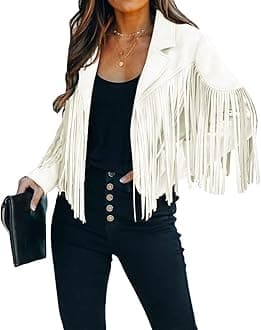 CHARTOU Casual Faux Leather Jacket Women Motorcycle Jacket Fringe Cropped Jacket Utility Tassel Suede Moto Jacket