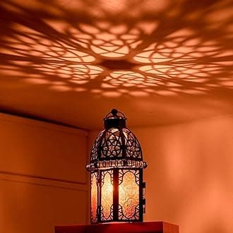 DECORKEY Set of 2 Vintage Large Decorative Moroccan Candle Lantern, 12.8’’ Metal Hanging&Tabletop Lantern Candle Holder Decor, Christmas Decorations Indoor Outdoor Patio (Amber) Ramadan Decorations