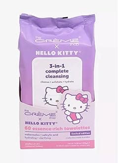 The Crème X Hello Kitty 3-in-1 Complete Cleansing Towelettes, Cleanse + Exfoliste + Hydrate 60 Essence-rich Watermelon + Salicylic Acid Hydrate + Clarifying