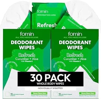 FOMIN Travel Deodorant Wipes - 30 Count - Cucumber and Aloe pH Balanced, Hypoallergenic Mini Deodorant Wipes For Women and Men - Plastic-Free, Individually Wrapped Underarm & Body Wipes