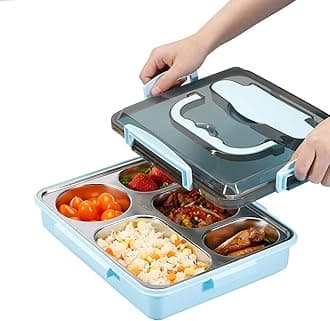 304 Stainless Steel Bento Lunch Boxes for Adults, 5 Sections Rectangular Divided Plates Tray Blue Reusable dinner Plate with Lid and Buckled for Adults Portion Control