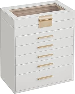 SONGMICS UJBC171W01 6 Tier 5 Drawer Jewellery Box with Glass Lid for Sunglasses Large Jewellery Storage Modern Style Cloud White and Gold