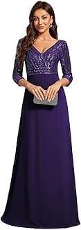 Ever-Pretty Women's Elegant Formal Dress V-Neck Long Sleeve Sequin Maxi Chiffon Evening Dresses 00751