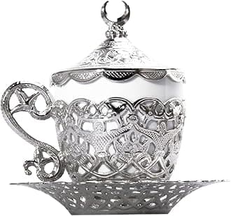 Alisveristime (1 Pc Turkish Coffee Cup - Traditional Design with Crescent Motif, Porcelain Cup and Saucer for Turkish, Greek, Arabic Coffee and Espresso (Gelincik) (Silver)