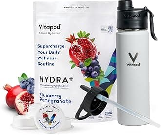 Vitapod Hydra+ Blue Pomegranate Flavored Water Enhancer Pods Starter Bundle, Water Flavoring, Sugar Free, Vitamin C, Vitamin D, Zinc, 30 Pods, 22 oz Stainless Steel Water Bottle, White