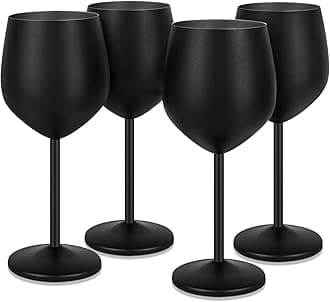 Lifecapido Stainless Steel Wine Glasses Set of 4, 18oz Stainless Steel Wine Goblets with Cup Brush, Stemmed Metal Wine Glasses for Party Office Wedding Anniversary, Great for Red White Wine (Black)