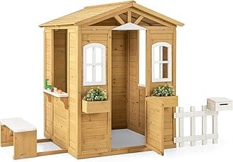 GLACER Outdoor Playhouse, Wooden Kids Play House w/Picnic Bench, Half Door, Windows, Mailbox, Fence, Flowerpot Holders, Cottage Playhouse for Backyard, Garden, Lawn, Patio, Gift for Boys Girls