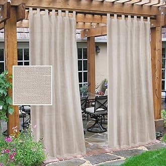Outdoor Linen Sheer Curtains for Patio Waterproof - Indoor/Outdoor Divider Privacy Added Light Filtering Porch Decor with Detachable Self-Stick Tab Top for Gazebo/Cabana, Natural, 2 Pieces, W52 x L95