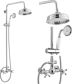gotonovo Polish Chrome Exposed Bathroom Shower Faucet Set 8 Inch Head Rainfall Shower Fixture Handheld Spray 2 Functions Double Cross Handle Wall Mount Mixer System