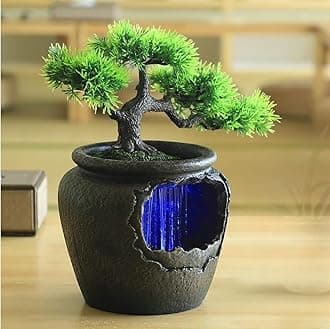Seven Moon Tabletop Water Fountain Bonsai Flower Pot Design Home Decor Ornaments for The Living Room Office Desktop Waterfall Natural River Sound Providing Indoor Zen and Relaxation 7MWF06