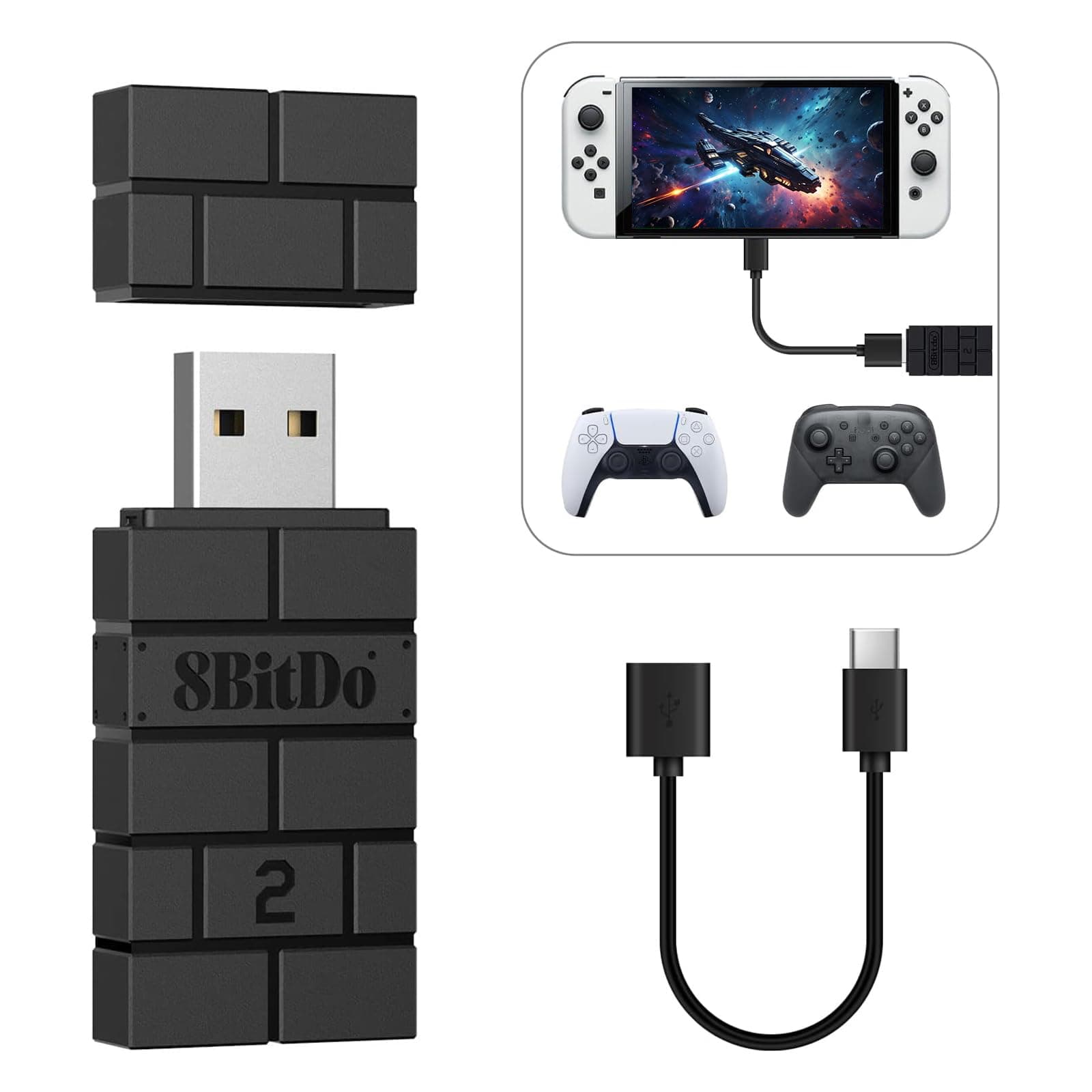 8BitDo USB Wireless Adapter 2, Bluetooth Adapter for Switch/2, Windows 10, PS Classic, Android, Raspberry Pi, Retrofreak System, Compatible with Xbox Series, Joycon, Switch Pro, PS5/4/3 Controller BLK