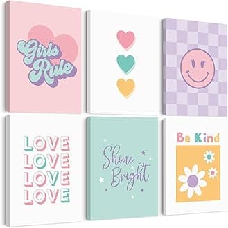 Lwoztra Girls Room Wall Art Kids Canvas Poster Nursery Wall Decor Pink Colorful Prints Baby Toddler Pictures Teen Girl Rule Artwork Love Smile Painting for Bedroom Playroom 12x16 Inch Ready to Hang