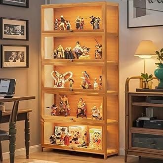 5-Tier Display Cabinet with Acrylic Glass Door, 65.5" High Display Case, Transparent Curio Cabinet&Bookcase for Collectibles, Toys, Books, for Playroom, Bedroom, Study Room (Wooden flip Door)
