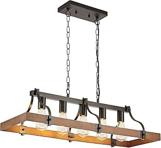 Farmhouse Chandeliers for Dining Room, 5-Light Rustic Kitchen Island Light Fixture, Wood Linear Industrial Black Rectangular Ceiling