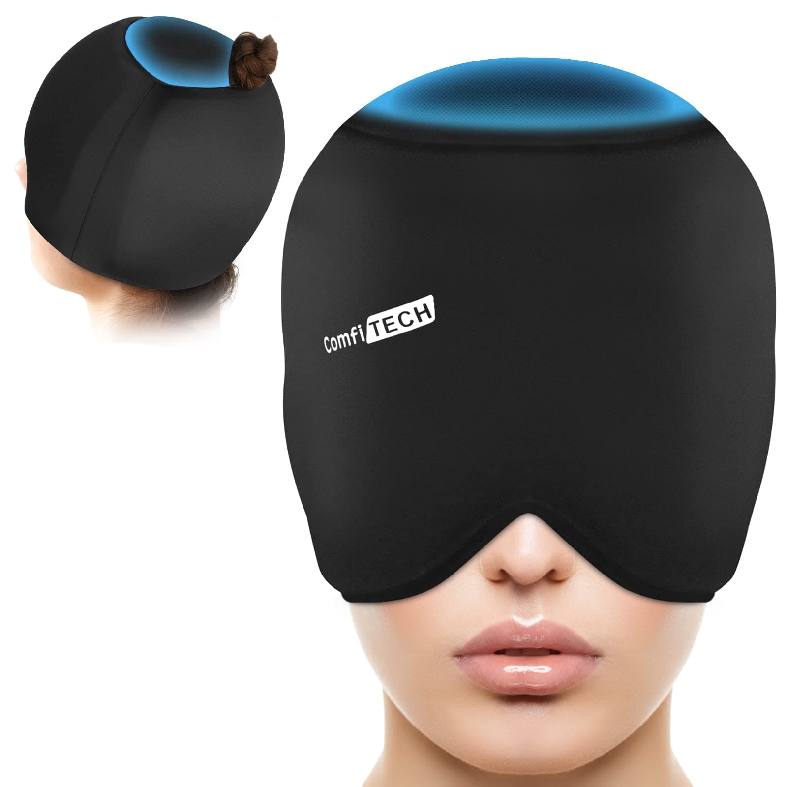 ComfiTECH Head Ice Pack Wrap with Top Coverage Cold Cap Cooling Gel Hat, Medium, Black