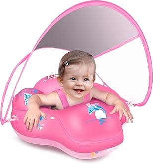 Baby Pool Float No Flip Over, Inflatable Baby Float with Sun Protection Canopy, Baby Swimming Float, Baby Swim Float with Double Air Chambers, Add Tail for Age of 3-36 Months