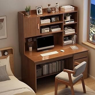 LITFAD Modern Computer Desk Work from Home Desk with Hutch, Bookcase and Integrated Cable Management, Rectangular Wood Office Desk 3 Drawers, 47.2" L x 17.7" W x 64.2" H, Dark Walnut