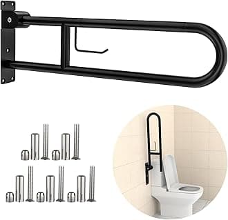 Toilet Grab Bar 30.3 Inch, Flip Up Grab Bar with Paper Holder,Matte Black Anti-Slip Safety Bars for Toilet, Stainless Steel Knurled Toilet Handles for Seniors Disabled Elderly Pregnant