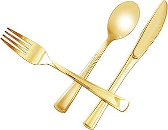 N9R 100PCS Gold Plastic Silverware - Gold Plastic Cutlery Set Disposable Flatware Dinnerware -50 Forks, 25 Spoons, 25 Knives for Party, Birthday, Wedding