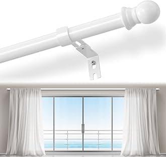 White Curtain Rods for Windows 66 to 112, 1 inch Heavy Duty Curtain Rod with Adjustable Brackets for room, outdoors, Easy Install Drapery Rod, Ball Finials, White