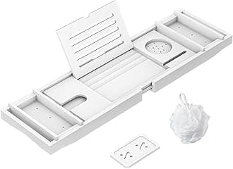 Zhuoyue Bamboo Bathtub Tray, Expandable Premium Bath Tray for Luxury Bathroom, Adjustable Bath Accessories for Tub with Soap Towel Book Holder, Extendable 29.5-43.3" White