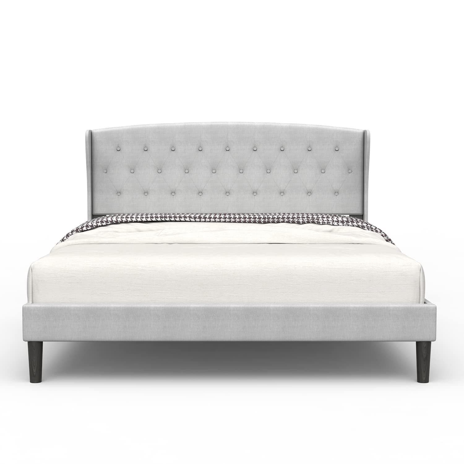 Bonsoir Queen Size Bed Frame Upholstered Traditional Low Profile Platform With Tufted Wing Back Headboard/No Box Spring Needed/No Skirt Needed/Linen Fabric Upholstery/Light Grey Queen (U.S. Standard)