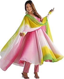 GoSriKi Women's Kurta Georgette Anarkali Set with Dupatta | Elegant Pink Ethnic Dress | Long Flared Kurti for Parties