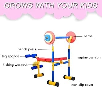 Generic Kids Fun and Fitness Dumbbell Set, Toddler Gym for Beginner Exercises and Weightlifting with Leg Press and Barbell, Flat Weight Bench, Ages 3-8