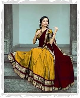 Women Cotton Blend Semi Stitched Gold Yellow Color South Indian Style Semi-Stich Traditional Lehenga Choli Half Saree, 41
