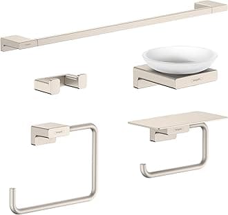 AddStoris Accessory Kit with Double Hook, Towel Bar, Toilet Paper Holder w/Shelf, Towel Ring, and Soap Dish in Brushed Nickel