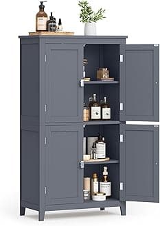 VASAGLE Floor Storage Cabinet, Freestanding Storage Unit with 4 Doors, Adjustable Shelves, 11.8 x 23.6 x 43.3 Inches, for Entryway, Bathroom, Slate Gray UBBC552G01