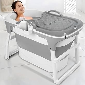 mufojyez 39" Folding Bathtub Adult Portable, Ergonomic Seat Collapsible Tub with Massage Rollers and Thermal Cover, Freestanding Bathtub Surround with 2 Side Handles, Deep Soaking Spa Tub for Home Us