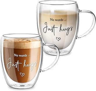 Double Walled Glass Coffee Cups - Bereavement Gifts, Thinking of You Gifts, Sympathy Gifts - 350ml Insulated Latte Glasses Tea Mugs with Handles, No Words Just Hugs, Heat Resistant, Set of 2