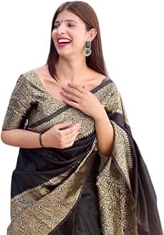 Women Banarasi Art Soft Litchi Silk Beautiful Jacqaurd Rich Pallu Design Work Saree With Unstiched Border Latest Pattern Blouse Piece.….
