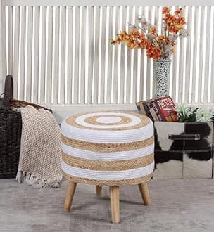 Sitting Solutions for Home - Wooden Frame Round Ottomans | Ottoman for Living Room | Bedroom, Study & Makeup Table | 16x16x18 Inch (Jute&White-Moti-Line)