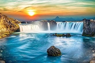 Nature Wallpaper, Decorative, Scenic Sun Rise view with Waterfall, River and Mountain, wall Decorative, Self Adhesive Wallpaper/Poster/Painting/Scenery, (Multi N E 15, 8x6)