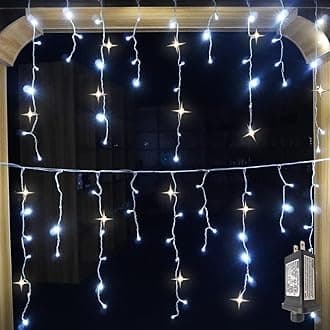 LED Icicle Style Lights with Twinkling Strobes - Sparkling Icicle Lights for Indoor/Outdoor Eaves & Wall Decorations (29.5FT Cable, Cool White + Warm White Strobe)