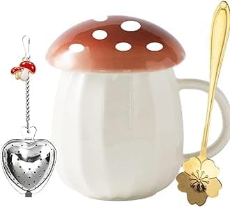 Yalucky Kawaii Cute Mushroom Mug Tea Cup Set Mushroom Stuff for Milk Coffee Tea Cup Mug with Lid Gifts for Girl Women Birthday Christmas Home Decor (Brown)