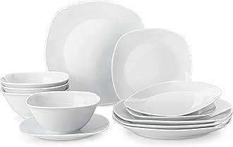 MALACASA Dinner Set for 4, 12 Pieces Porcelain Plates and Bowls Set, Gray White Ceramics Dinnerware Sets, Chip and Scratch Resistant Dishes Set Square Crockey Sets, Series Elisa