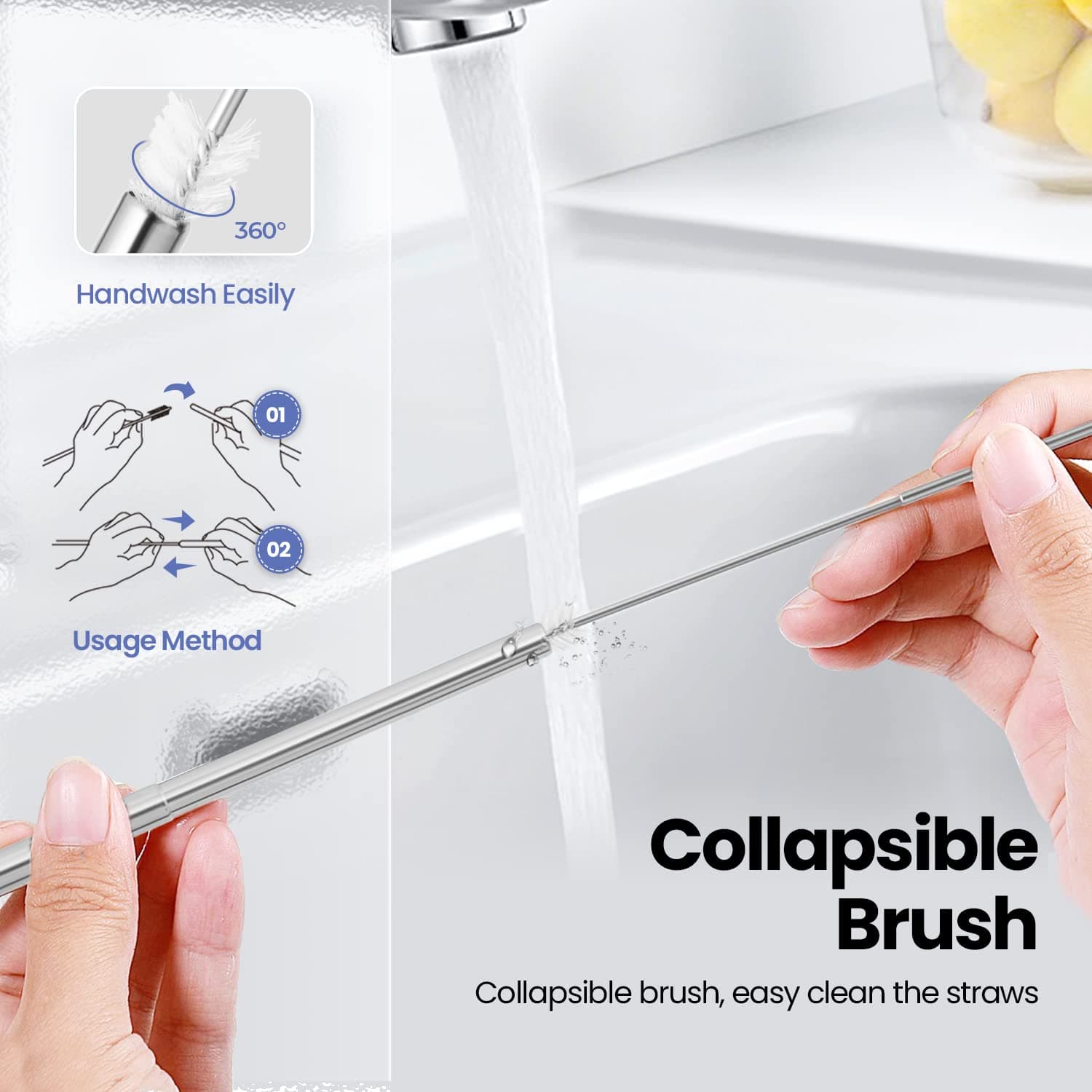 Cruise Ship Essentials,4-Pack reusable Collapsible Stainless Steel Drinking Straws with Aluminum Case,Cleaning Brush,and Keychains （Black & rose gold & blue & gold）